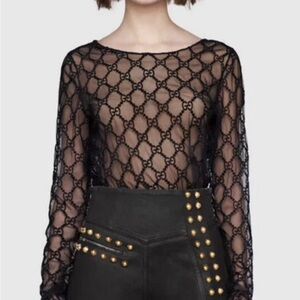 Gucci Black GG Embroidered Tulle Sheer Long Sleeve Crew Neck Top XS Retail $1750